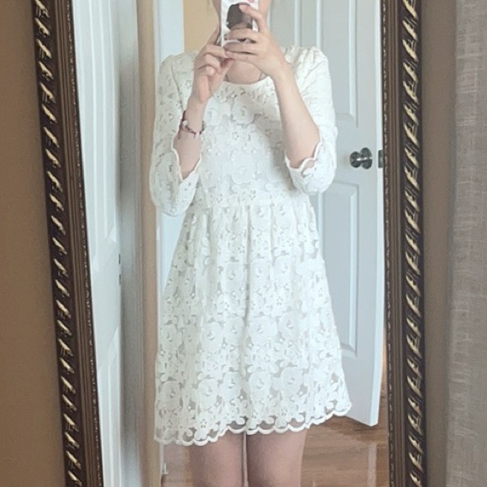 Women’s White Lace Fit & Flare Dress 3/4 Sleeve High Waist Lined Mini Dress L